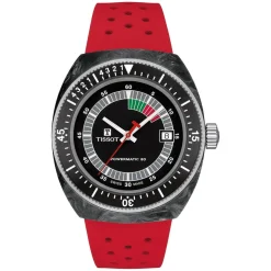 Tissot Sideral S Powermatic 80 41mm Red Detail Carbon Case Red Rubber Strap Watch