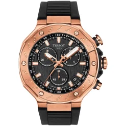 Tissot T-Race 45mm Black Chrono Dial Rose Gold Case Black Strap Watch