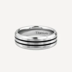 Titanium Centre Black Double Stripe Band Ring