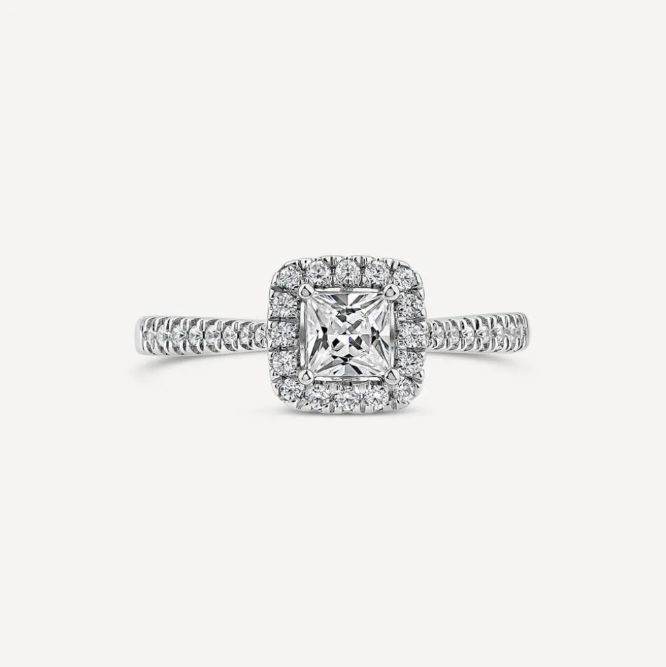 Tulip Setting 18ct White Gold 0.50ct Princess Halo Diamond & Side Stones Ring