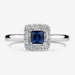 Tulip Setting 18ct White Gold Princess Sapphire & 0.15ct Diamond Halo Ring
