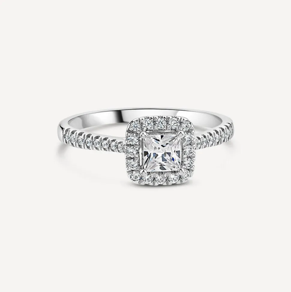 Tulip Setting 18ct White Gold 0.50ct Princess Halo Diamond & Side Stones Ring