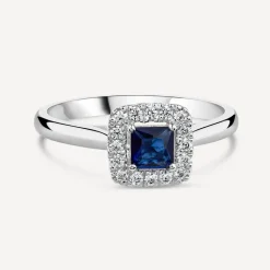 Tulip Setting 18ct White Gold Princess Sapphire & 0.15ct Diamond Halo Ring
