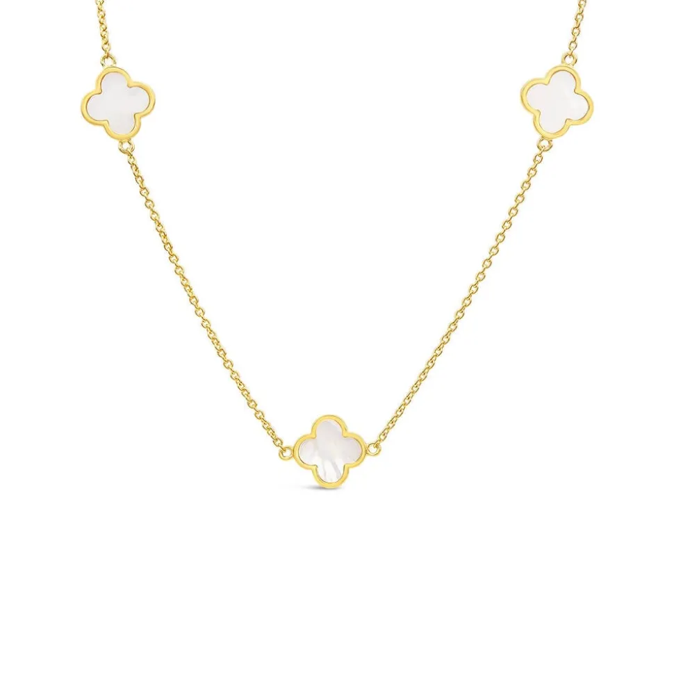 Yellow Gold Plated Sterling Silver Mother of Pearl 5 Clover Petal Necklet