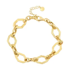 Yellow Gold Plated Sterling Silver Open Oblong Polished & Patterned Hexagons Bracelet