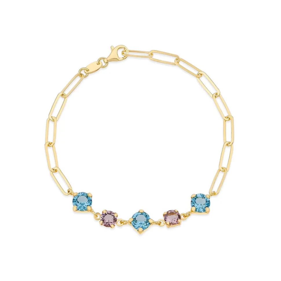 Yellow Gold Plated Sterling Silver Blue & Purple Stones Paperlink Bracelet