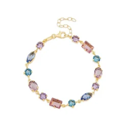 Yellow Gold Plated Sterling Silver Blue & Purple & Pink Multi Shaped Stones Bracelet