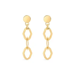 Yellow Gold Plated Sterling Silver Open Oblong Polished & Patterned Hexagons Drop Earrings