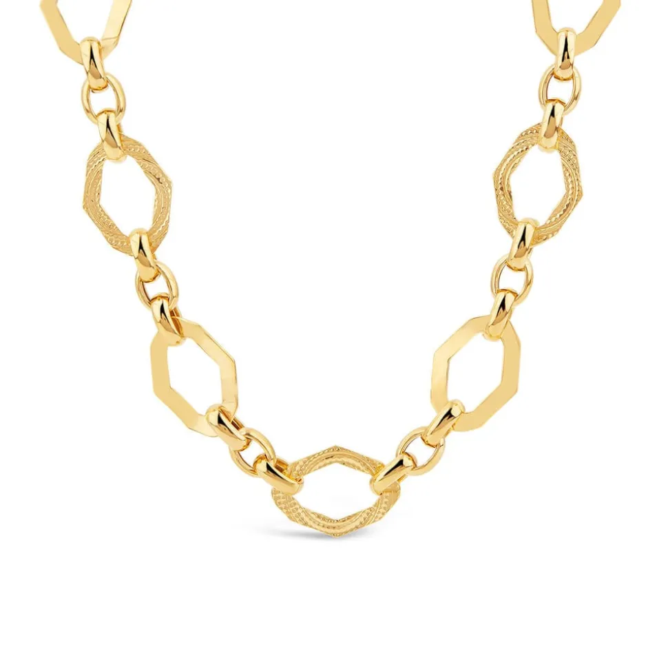 Yellow Gold Plated Sterling Silver Open Oblong Polished & Patterned Hexagons Necklet