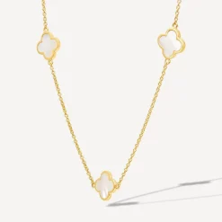 Yellow Gold Plated Sterling Silver Mother of Pearl 5 Clover Petal Necklet