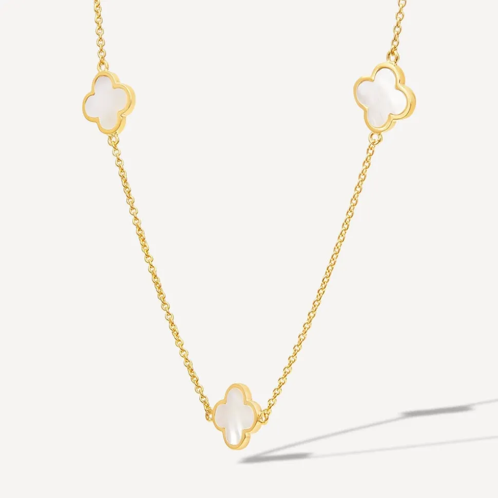 Yellow Gold Plated Sterling Silver Mother of Pearl 5 Clover Petal Necklet
