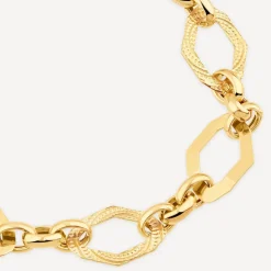 Yellow Gold Plated Sterling Silver Open Oblong Polished & Patterned Hexagons Bracelet