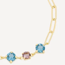 Yellow Gold Plated Sterling Silver Blue & Purple Stones Paperlink Bracelet