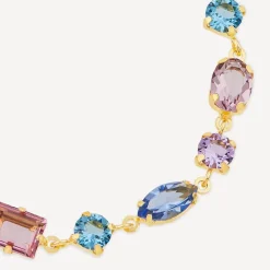 Yellow Gold Plated Sterling Silver Blue & Purple & Pink Multi Shaped Stones Bracelet