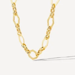 Yellow Gold Plated Sterling Silver Open Oblong Polished & Patterned Hexagons Necklet
