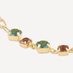 Yellow Gold Plated Sterling Silver Blue & Purple Stones Paperlink Bracelet
