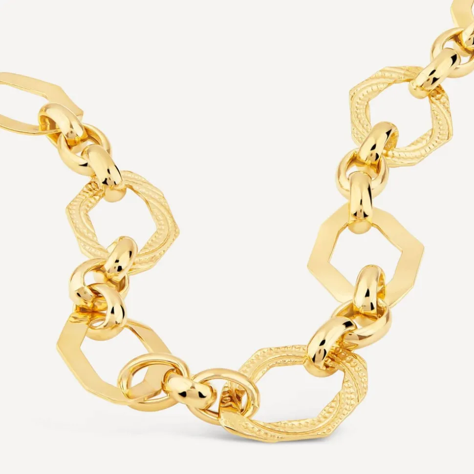 Yellow Gold Plated Sterling Silver Open Oblong Polished & Patterned Hexagons Necklet