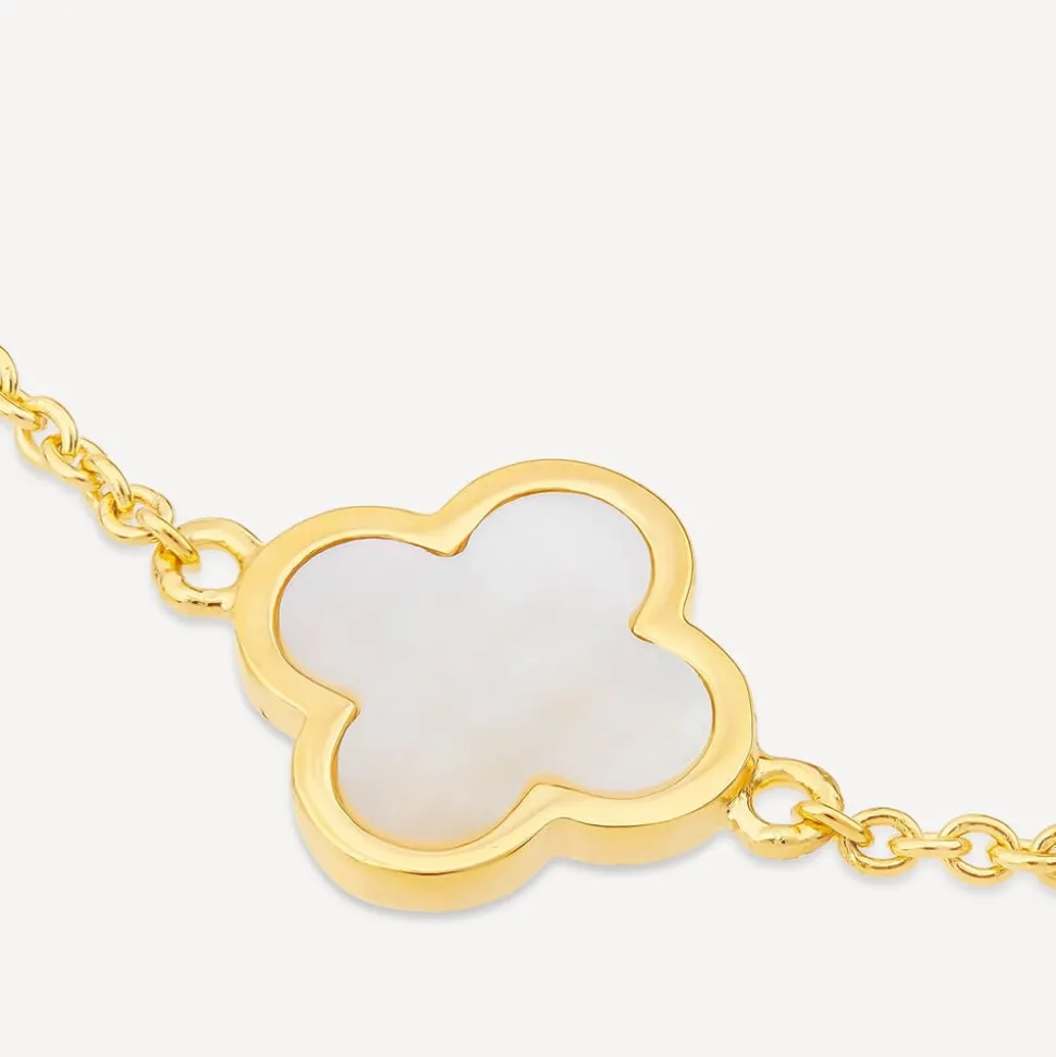 Yellow Gold Plated Sterling Silver Mother of Pearl 4 Clover Petal Bracelet