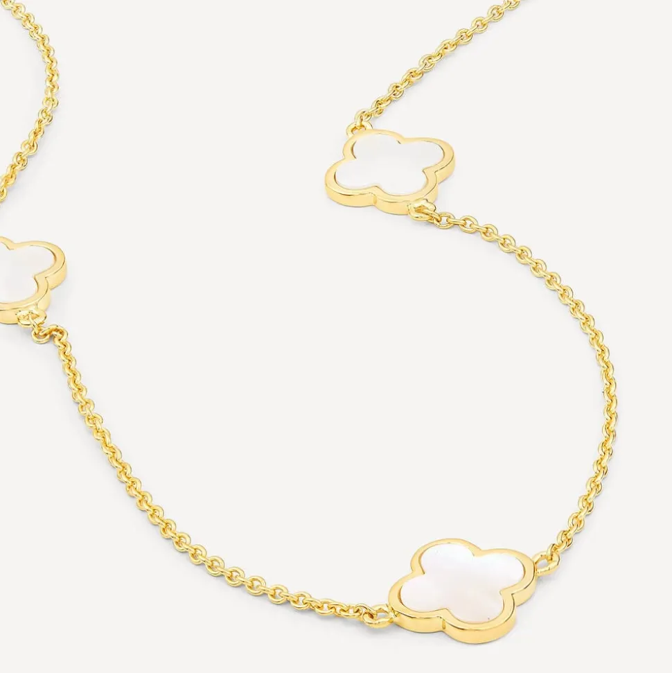 Yellow Gold Plated Sterling Silver Mother of Pearl 5 Clover Petal Necklet