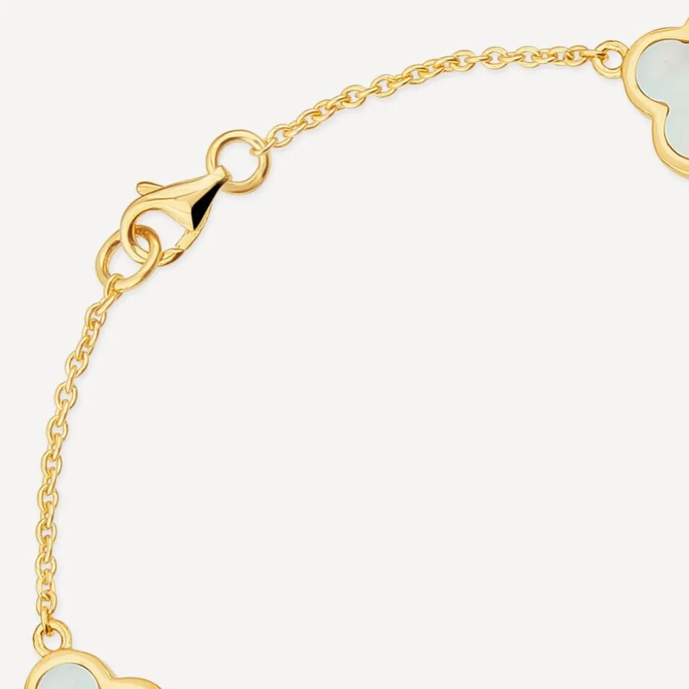 Yellow Gold Plated Sterling Silver Mother of Pearl 4 Clover Petal Bracelet