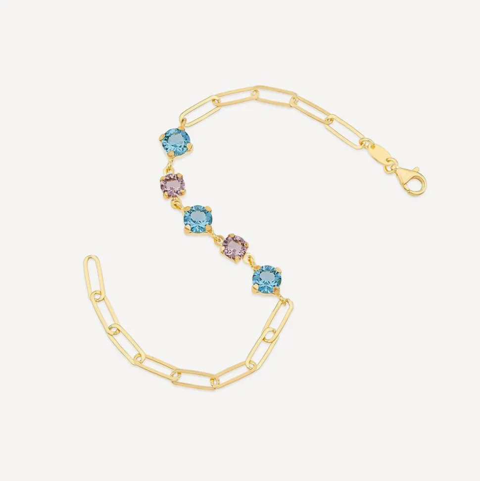 Yellow Gold Plated Sterling Silver Blue & Purple Stones Paperlink Bracelet