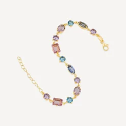 Yellow Gold Plated Sterling Silver Blue & Purple & Pink Multi Shaped Stones Bracelet