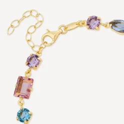 Yellow Gold Plated Sterling Silver Blue & Purple & Pink Multi Shaped Stones Bracelet